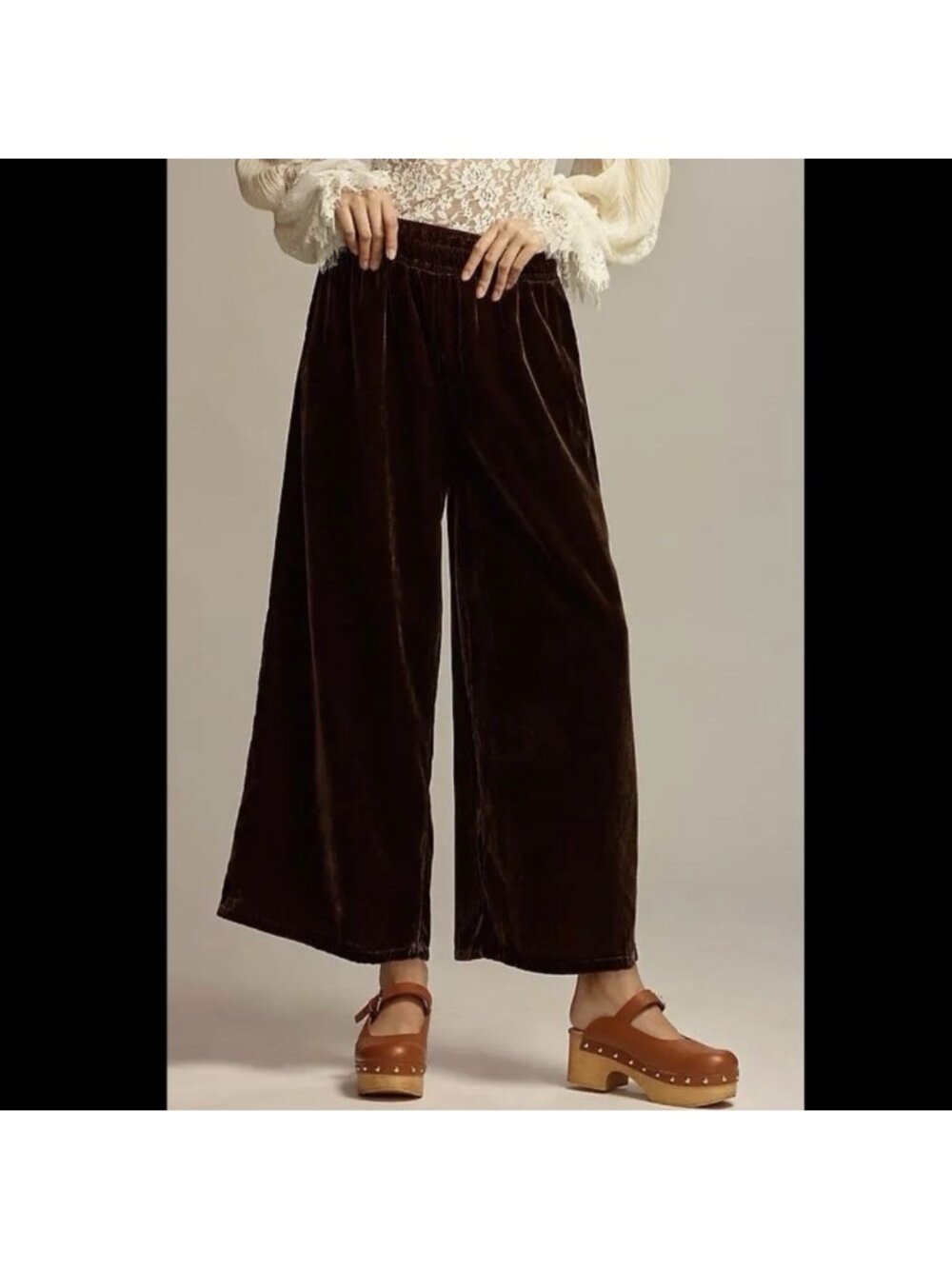 By Anthropologie The Somerset Cropped Pants Brown Velvet Smocked Wide Leg MP